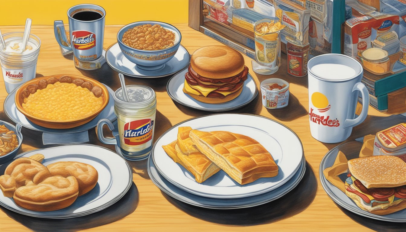 A table covered in vintage Hardee's breakfast memorabilia from 1993, including cups, plates, and promotional items