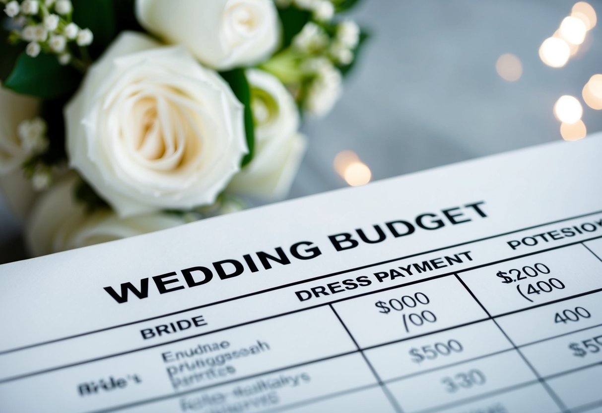 A table with a wedding budget breakdown, including a section for the bride's dress payment
