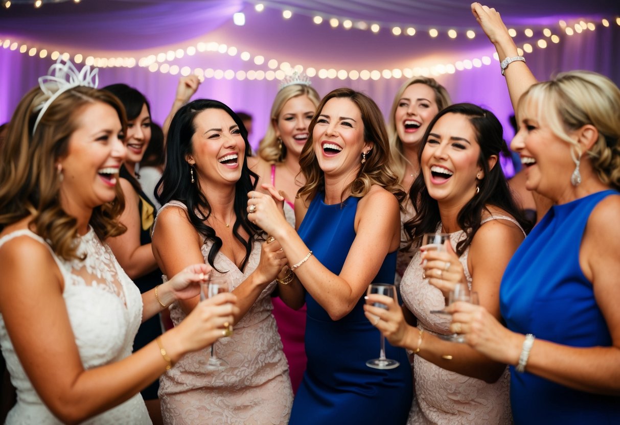 A group of women laughing and dancing at a hens night, with the mother of the bride happily joining in the fun