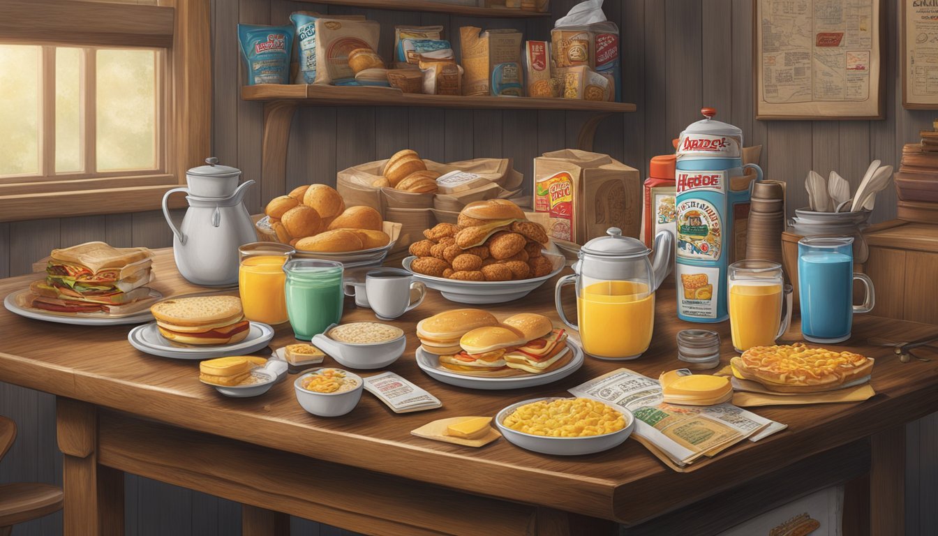 A cluttered breakfast memorabilia collection, including vintage Hardee's items and pricing guides, displayed on a wooden table