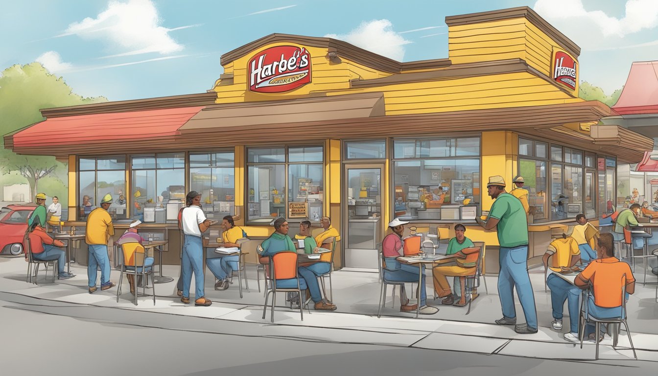 A bustling Hardee's restaurant with customers enjoying breakfast, while employees work efficiently to serve the local community