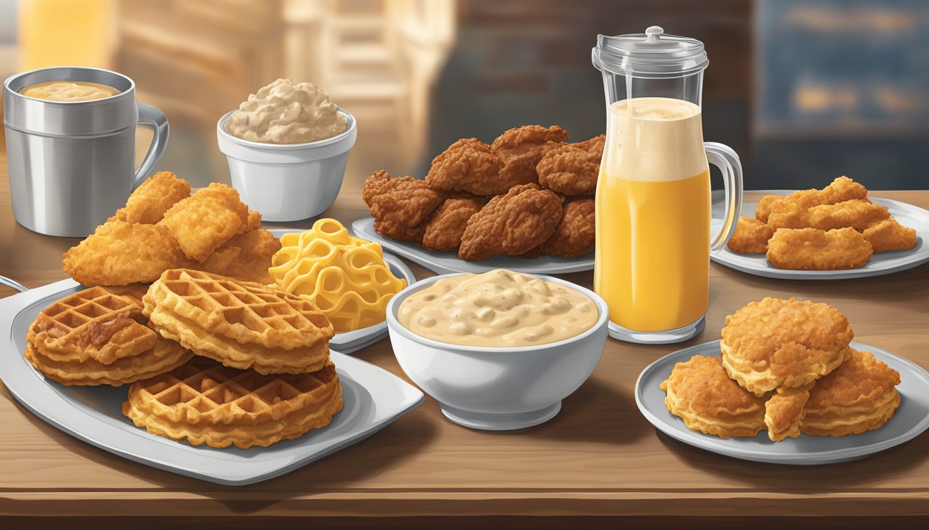 A table with a spread of biscuits, gravy, sausage, and grits, alongside a platter of fried chicken and waffles, showcasing the influence of Southern cuisine on Hardee's breakfast menu