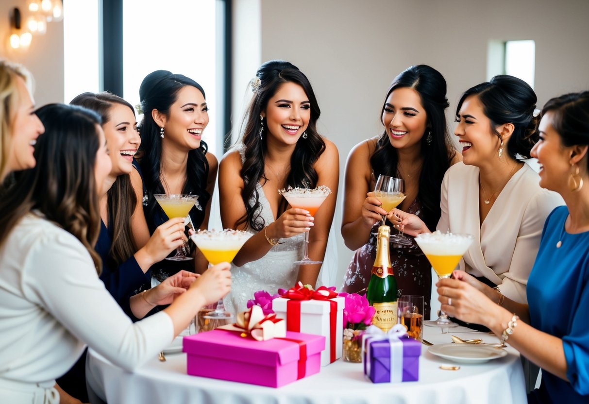 A group of women gathered around a table, laughing and chatting while sipping on cocktails. A bride-to-be is being showered with gifts and attention from her friends