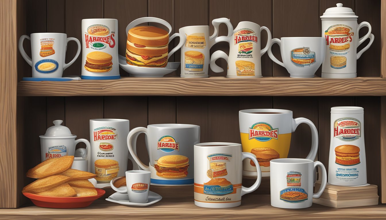 A collection of vintage Hardee's breakfast memorabilia displayed on a wooden shelf, including coffee mugs, menus, and promotional signage