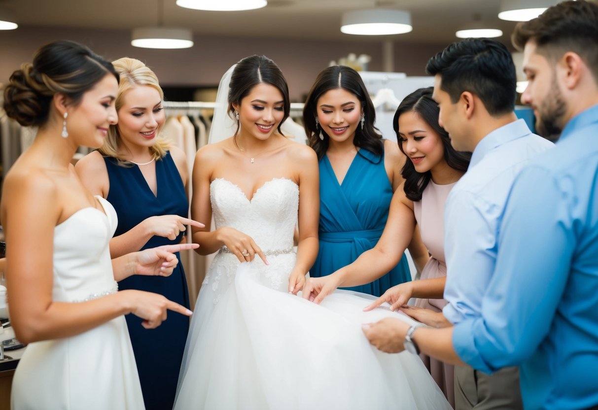 A bride's dress being chosen and paid for by a group of people discussing and pointing at different options