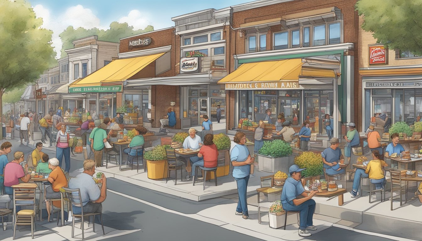 A bustling local community with a Hardee's restaurant at the center, surrounded by small businesses and happy residents enjoying their breakfast