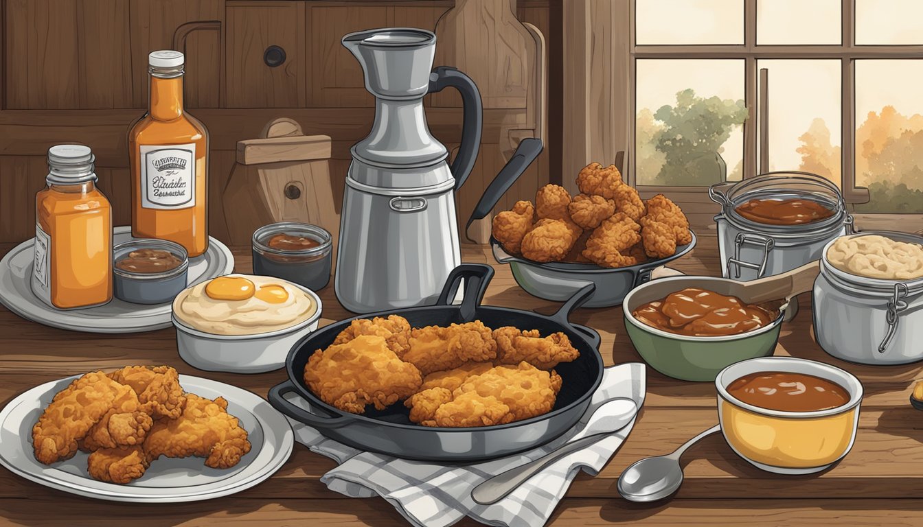 A rustic kitchen with a sizzling skillet of biscuits and gravy, alongside a platter of crispy fried chicken and waffles, all surrounded by jars of homemade preserves and hot sauce