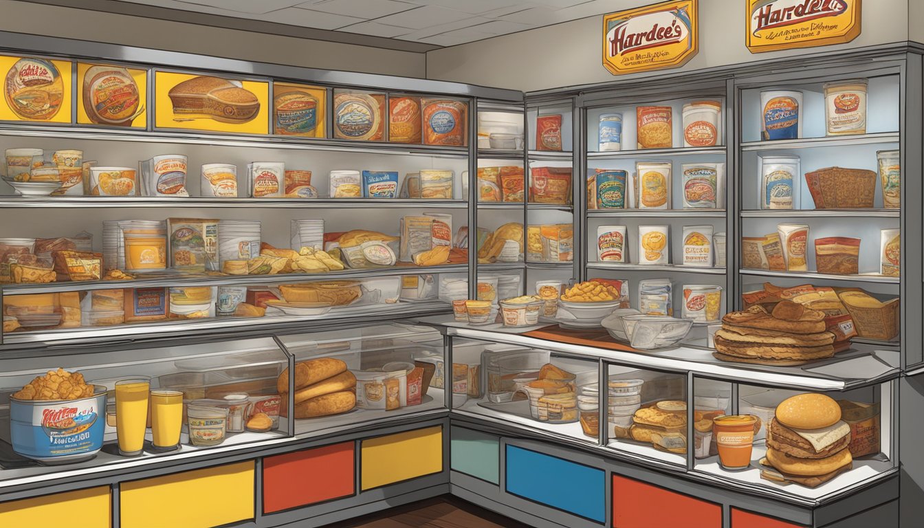 A display case filled with vintage Hardee's breakfast memorabilia, including mugs, signs, and menu items