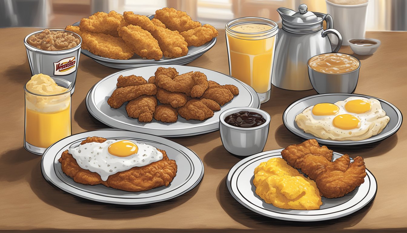 A spread of Southern breakfast items, including biscuits, gravy, grits, and fried chicken, displayed alongside Hardee's breakfast menu items