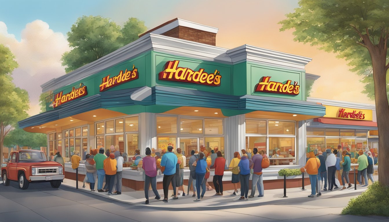 A bustling Hardee's restaurant with a line of customers out the door, surrounded by other local businesses in a vibrant community