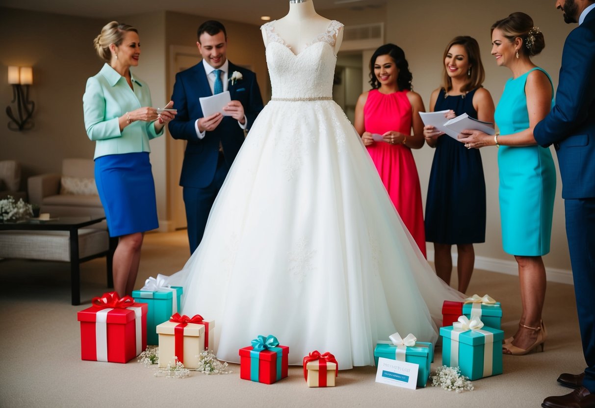 A bride's dress surrounded by wedding gifts and honeymoon details, with people discussing payment