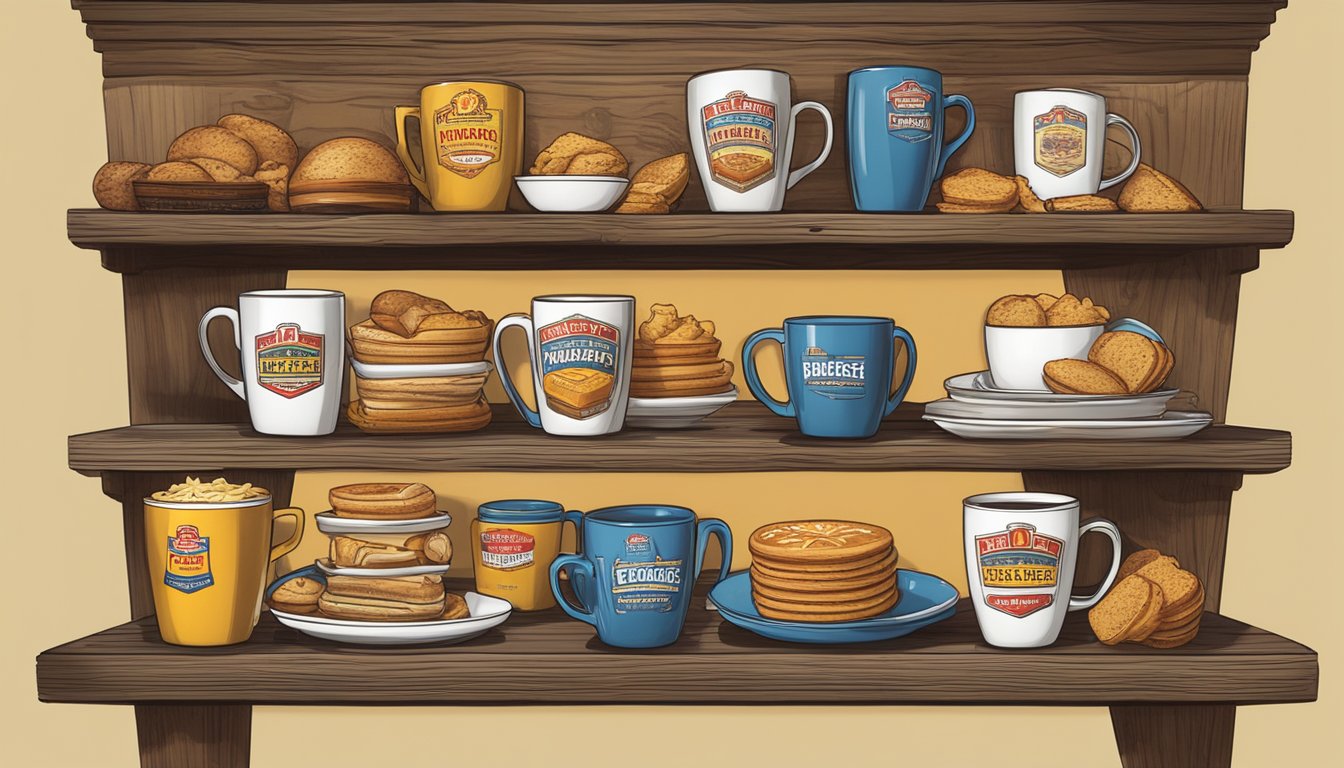 A display of vintage Hardee's breakfast memorabilia, including mugs, signs, and packaging, arranged on a wooden shelf