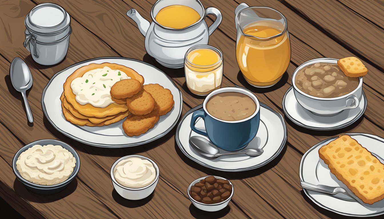 A spread of classic Southern breakfast accompaniments, including biscuits, gravy, grits, and sweet tea, arranged on a rustic wooden table