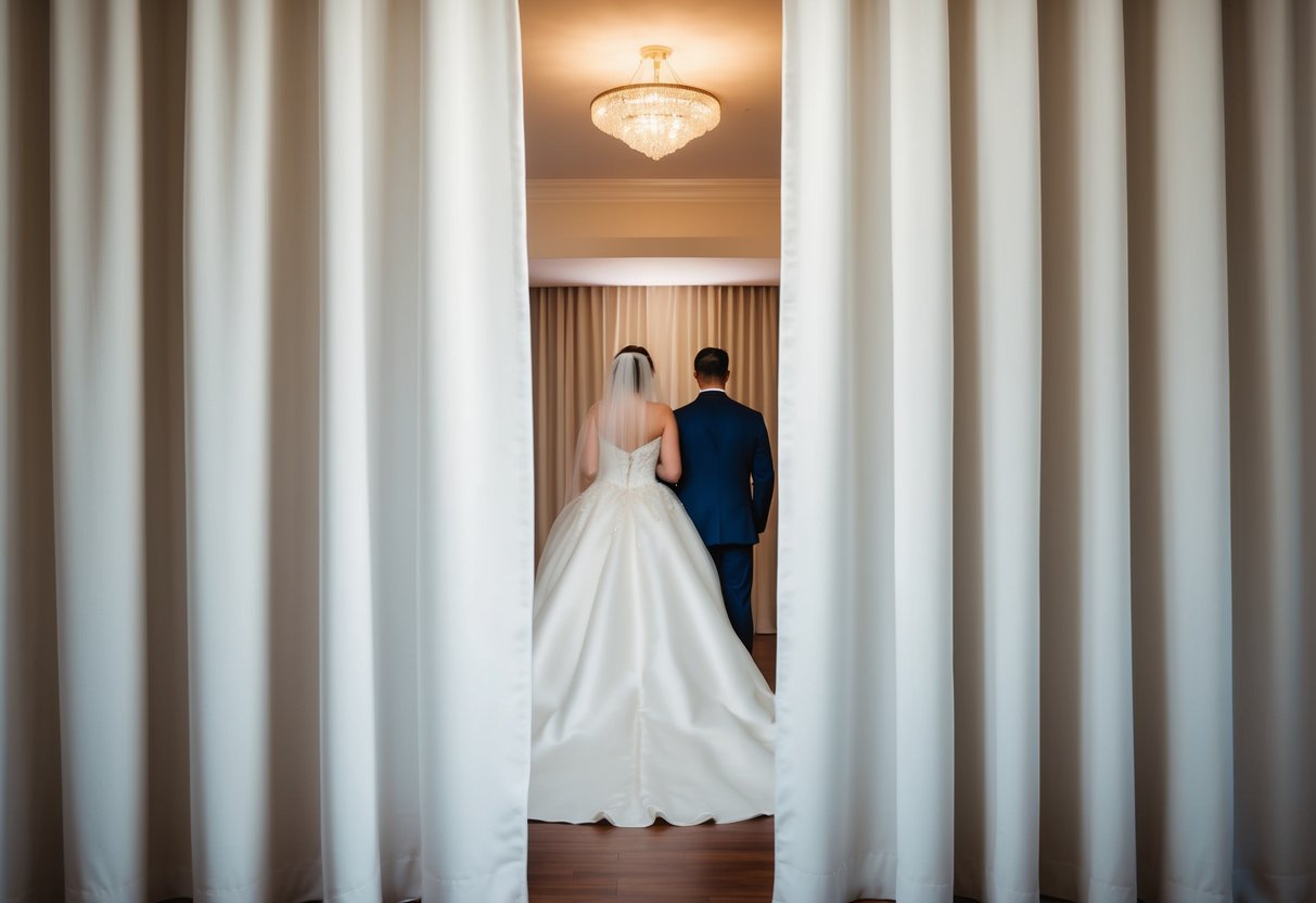 A wedding dress is hidden behind a curtain, out of the groom's view