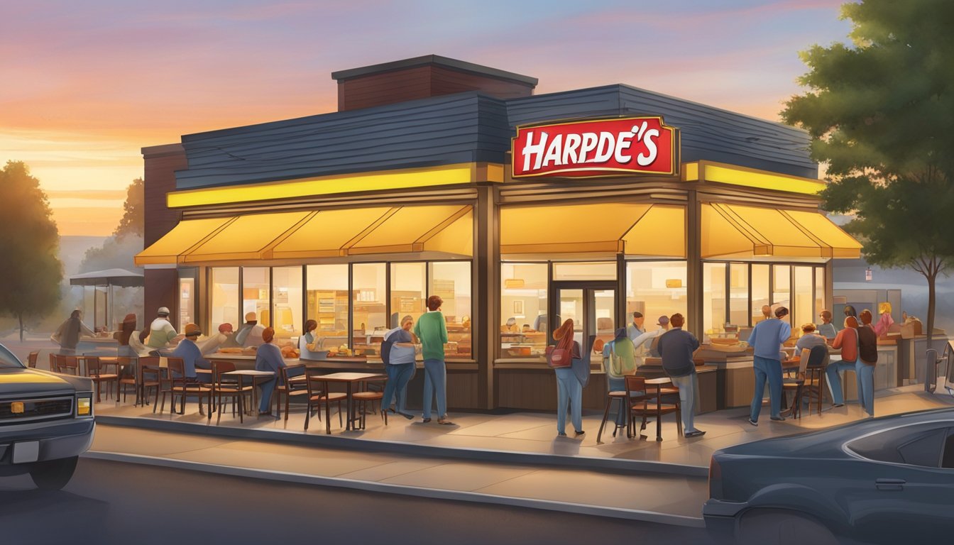 A bustling Hardee's restaurant at sunrise, with customers enjoying breakfast and employees busy serving hot meals