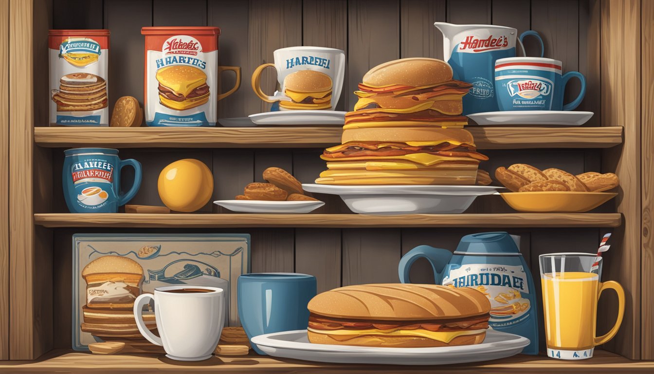 A vintage Hardee's breakfast memorabilia collection displayed on a wooden shelf with carefully arranged items including mugs, menus, and promotional items