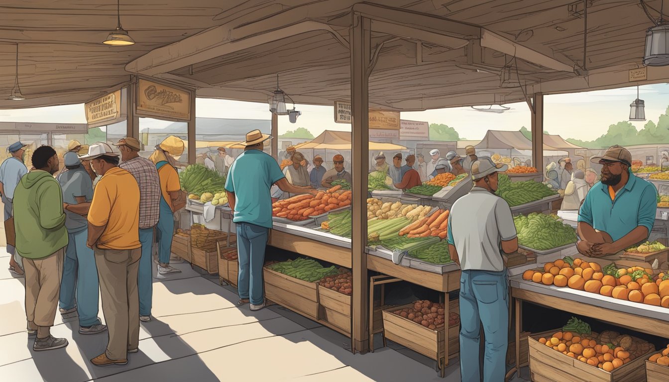 A bustling Southern farmer's market with vendors selling fresh produce and homemade goods, while a line of customers eagerly waits at a Hardee's breakfast counter