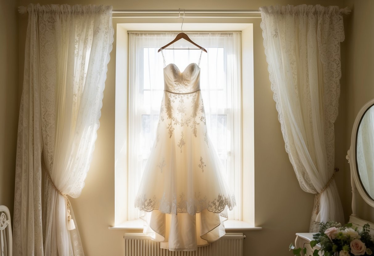 The bride's dress hanging in a sunlit room, surrounded by delicate lace curtains and a vintage mirror