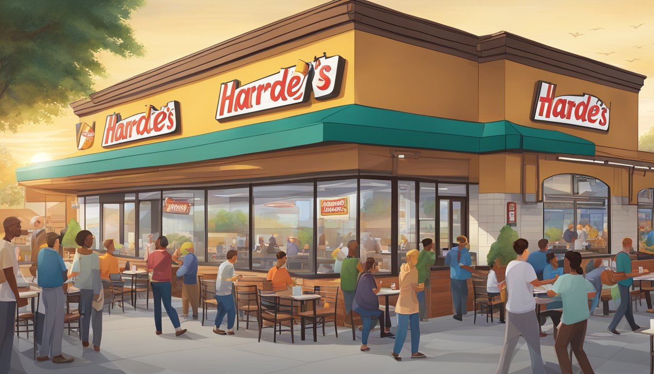 A bustling Hardee's restaurant at sunrise, with customers enjoying breakfast and staff providing friendly service, while the local community benefits from increased economic activity