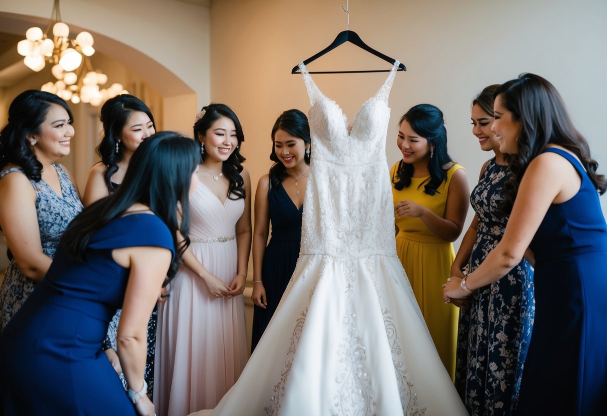 A group of women gather around the bride's dress, admiring its intricate details and delicate embroidery. The dress hangs elegantly on a hanger, surrounded by soft lighting