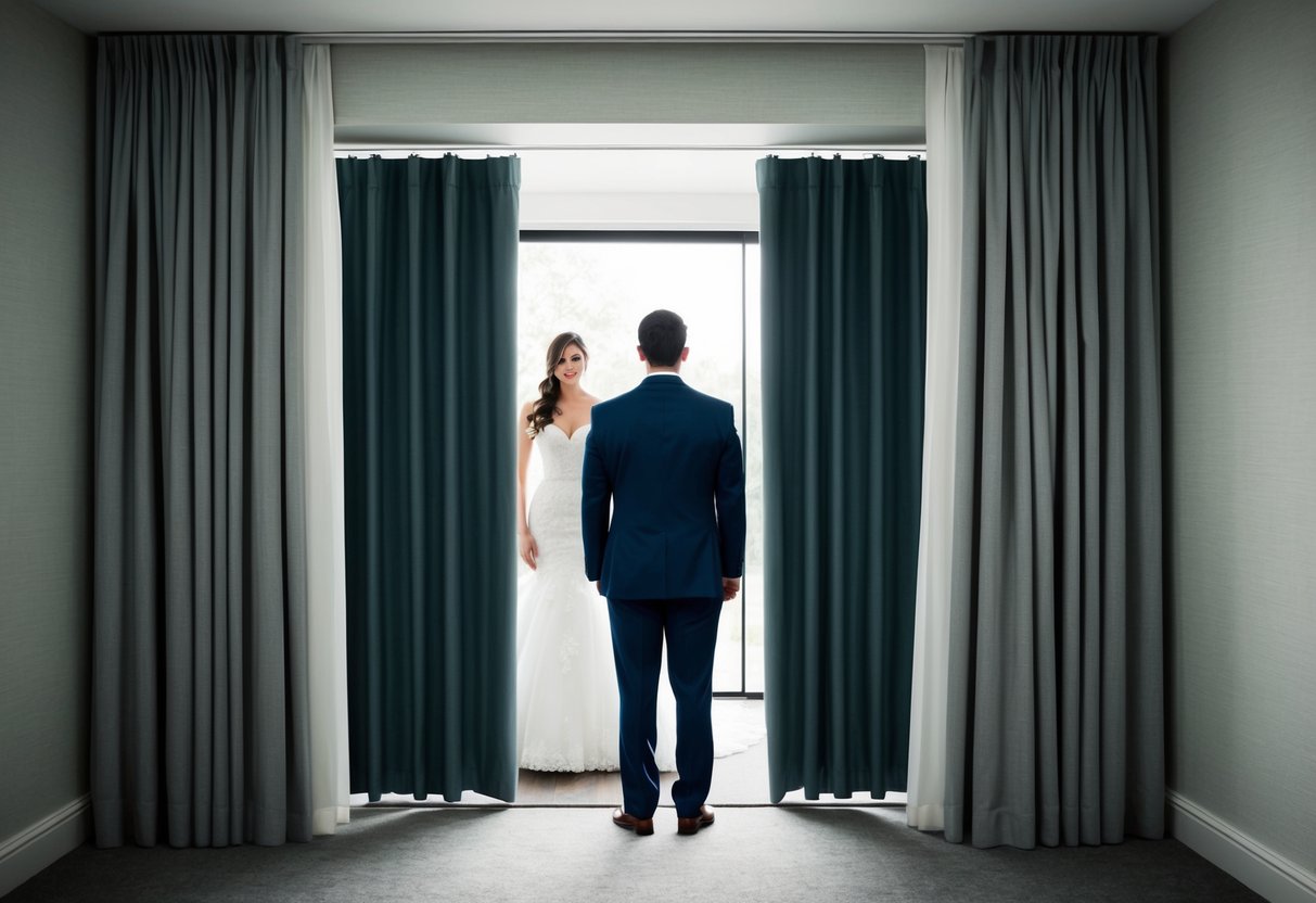 A groom stands outside a room, unable to see the wedding dress inside. A curtain or barrier separates him from the dress