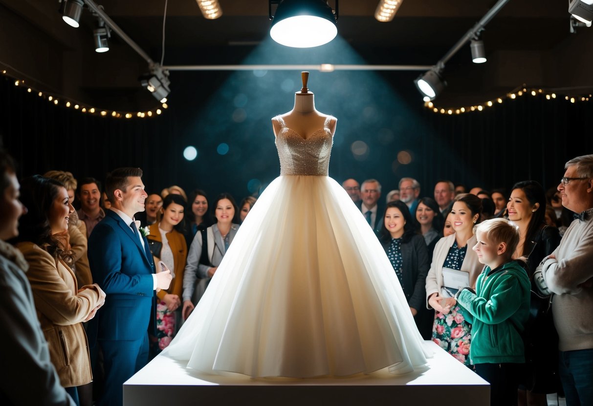 A spotlight shines on the bride's dress displayed on a mannequin, surrounded by a crowd of curious onlookers