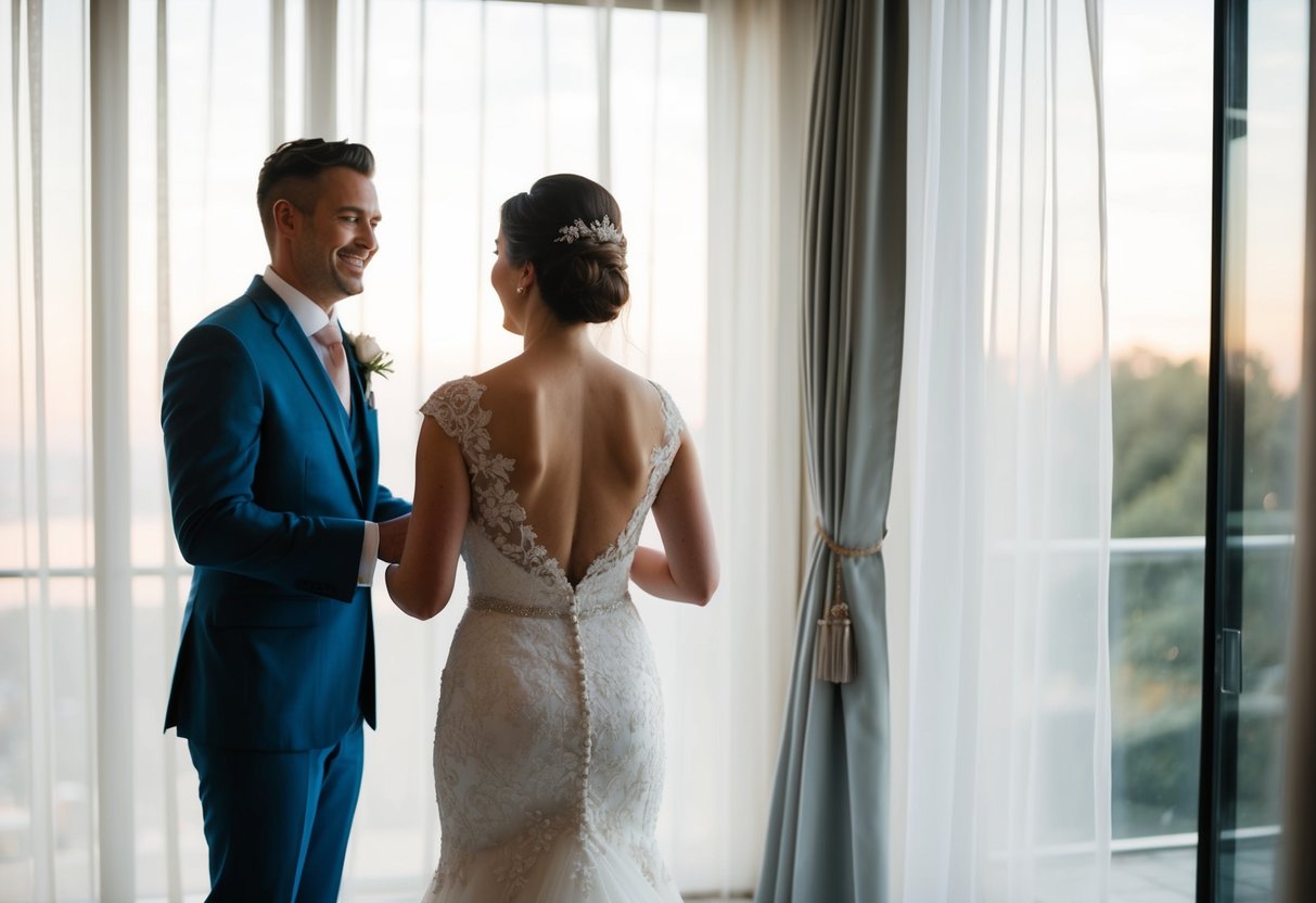 A bride stands behind a sheer curtain, her silhouette visible as she reveals her wedding dress to a joyful groom