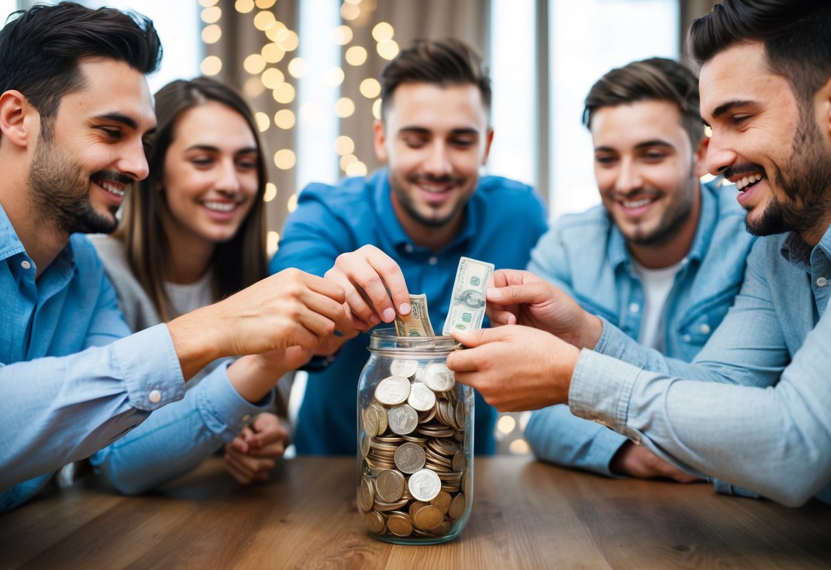 A group of friends pooling money into a jar for a stag do
