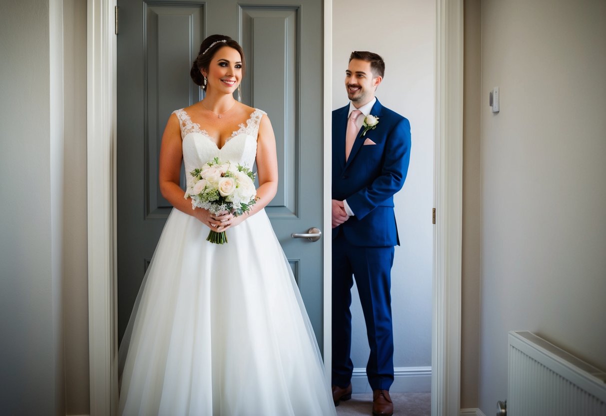 A bride stands behind a door, holding her wedding dress. The groom eagerly awaits on the other side, unable to see the dress until the first look