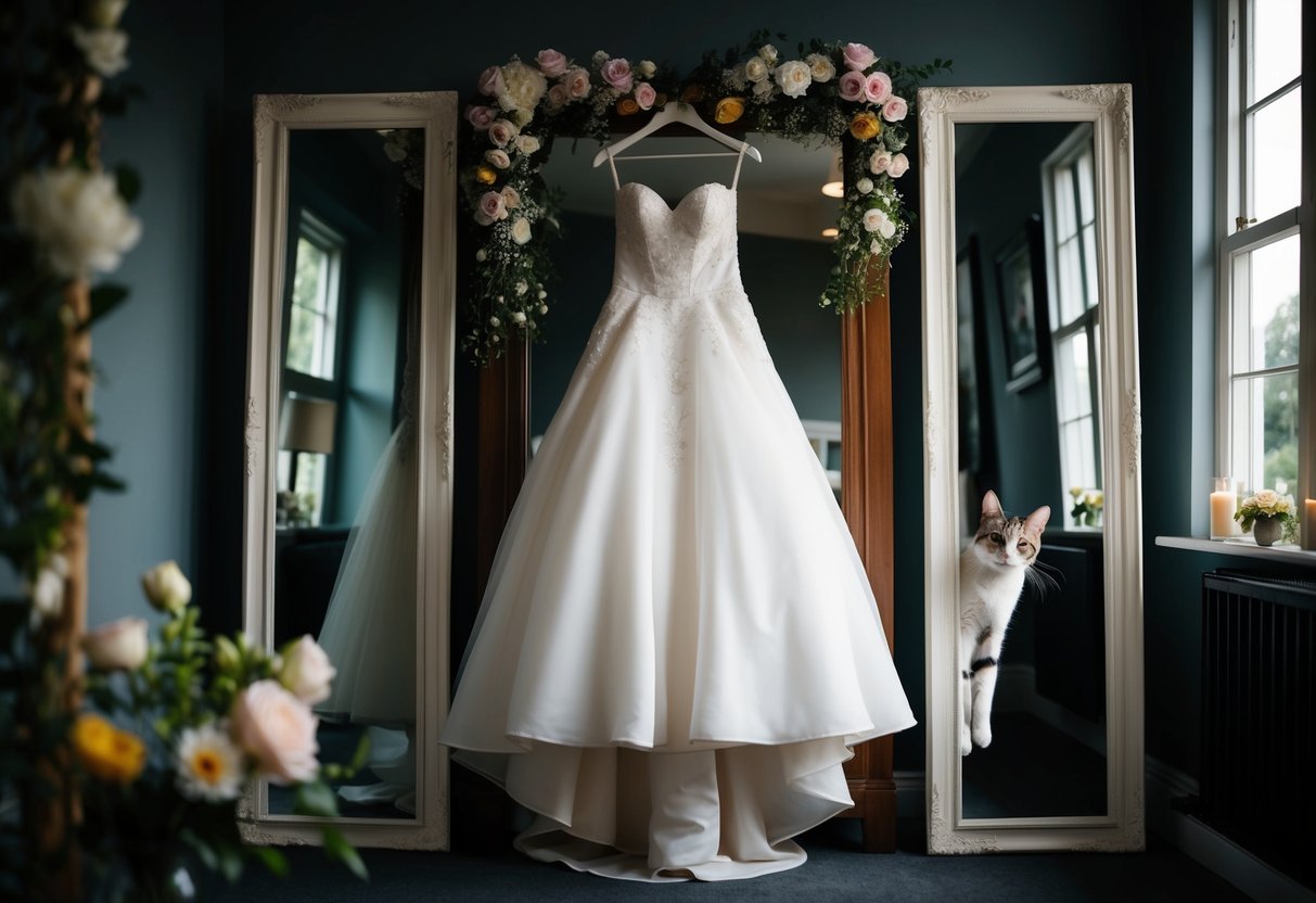 A bride's dress hanging in a dimly lit room, surrounded by mirrors and flowers, with a cat sneaking a peek