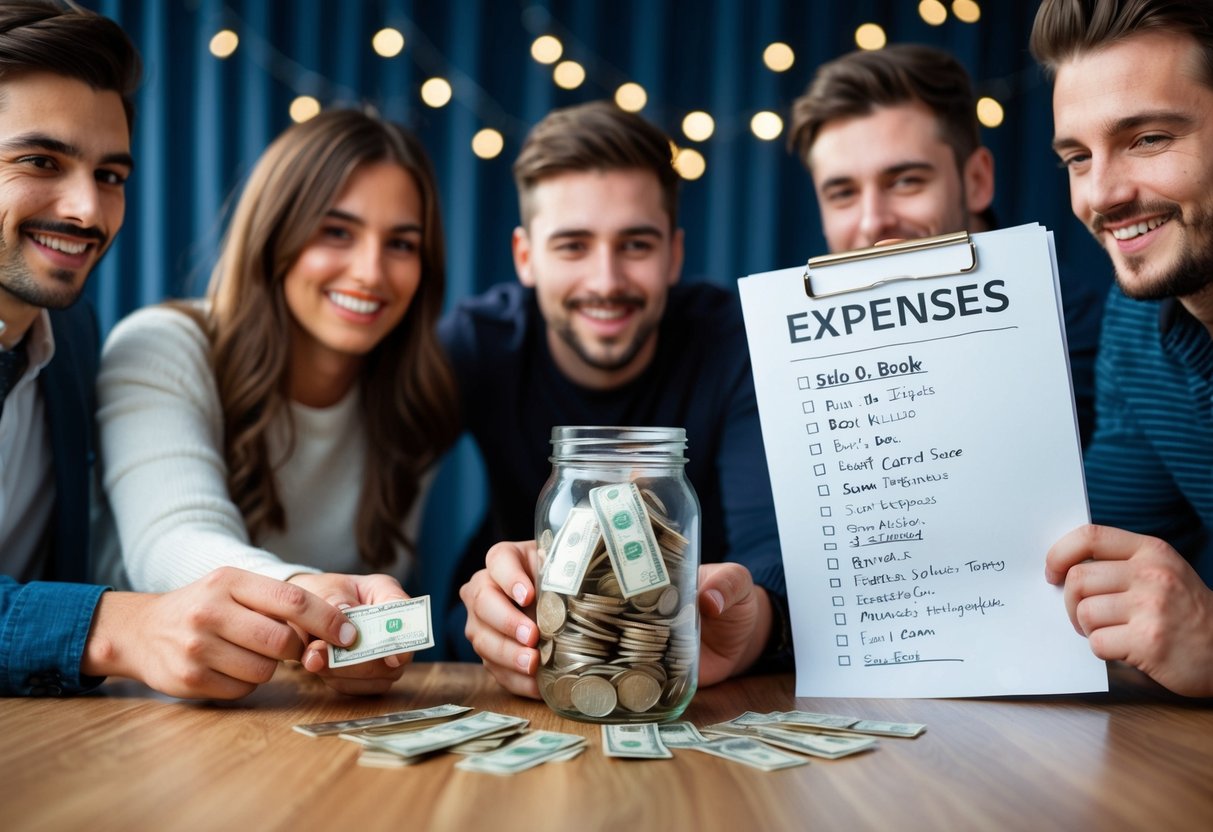 A group of friends pooling money into a jar, with one person holding a list of expenses for a stag do