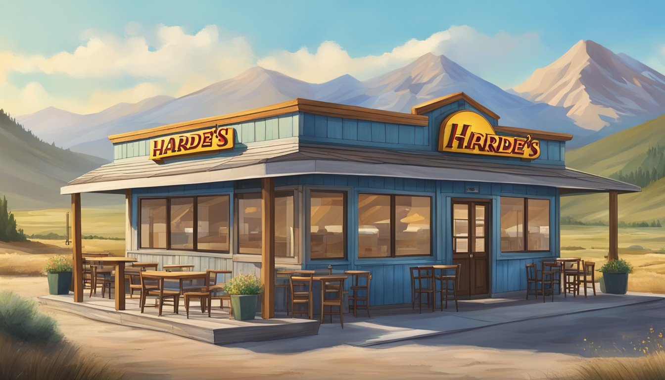 A small, rustic Hardee's restaurant sits in the middle of a vast, remote landscape, surrounded by mountains and a clear blue sky