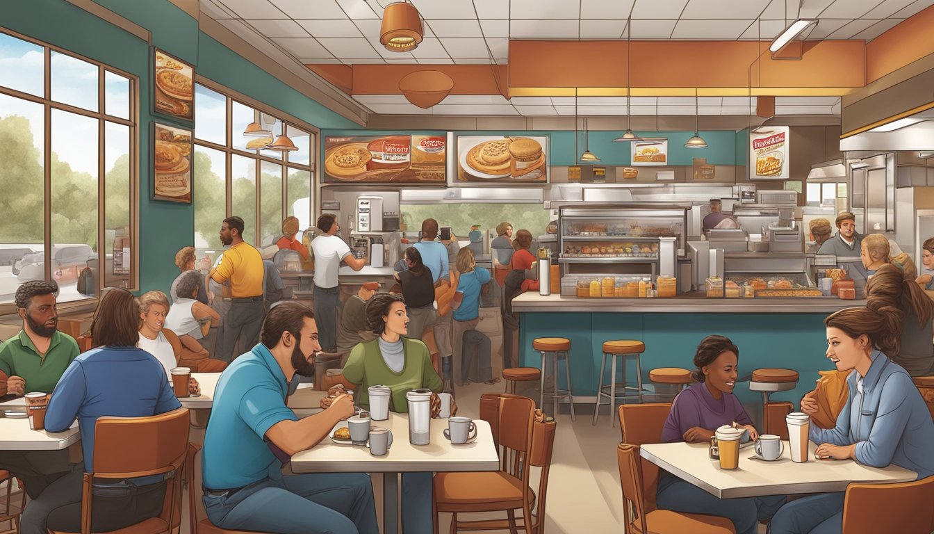 A bustling Hardee's restaurant with a diverse crowd enjoying breakfast and sipping on freshly brewed coffee, showcasing the evolution of American coffee culture