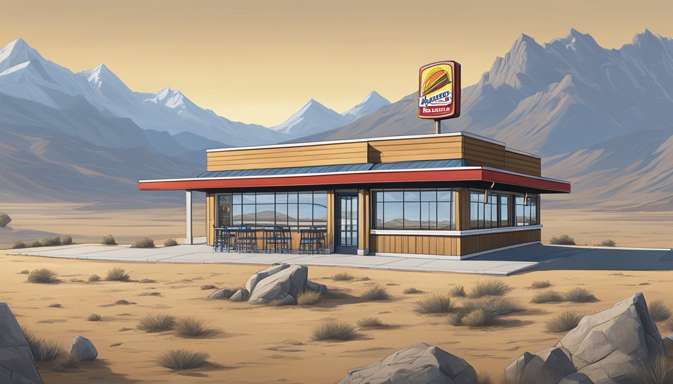 A lone Hardee's restaurant sits on a vast, desolate plain, surrounded by rugged mountains and a clear blue sky