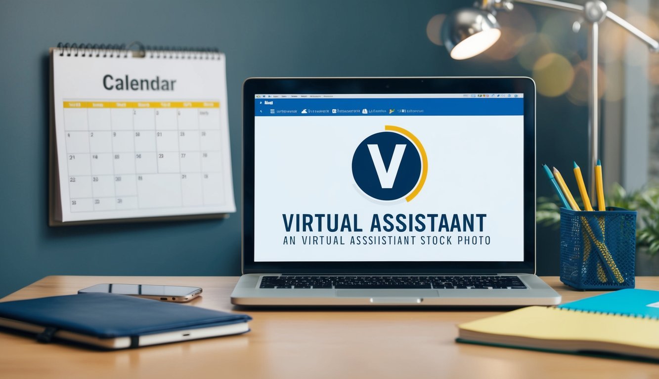 A laptop, smartphone, and notebook sit on a desk. A calendar with marked appointments hangs on the wall. A virtual assistant logo is displayed on the computer screen