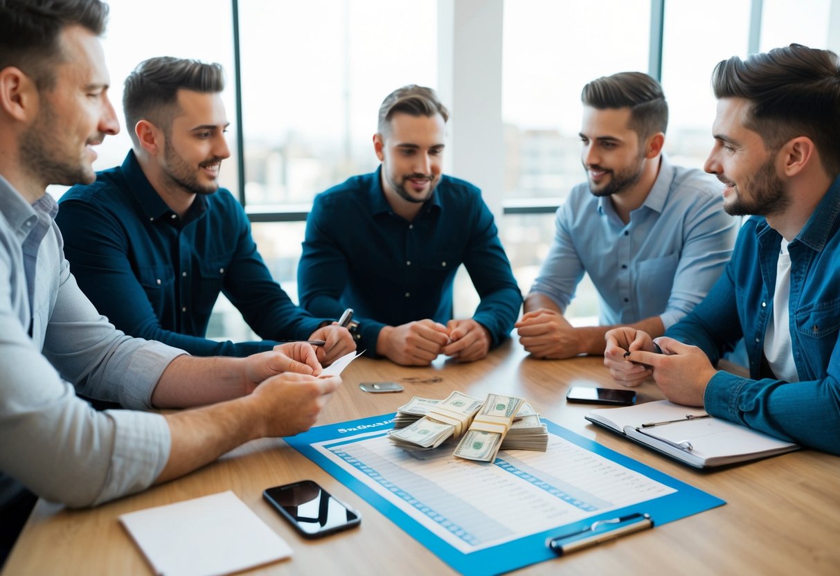 A group of friends sitting around a table, discussing and planning for a stag do. A pile of cash and a budgeting sheet are laid out in front of them