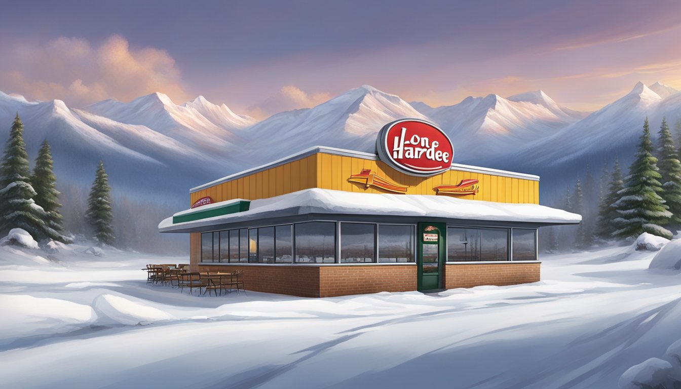 A lone Hardee's restaurant sits in a desolate, snow-covered landscape, surrounded by towering mountains and a vast, empty wilderness