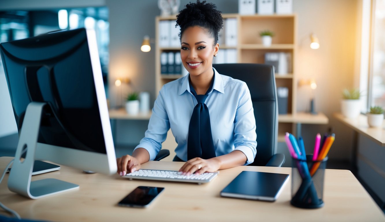 A virtual assistant sitting at a desk with a computer, phone, and notebook, surrounded by modern office decor and technology