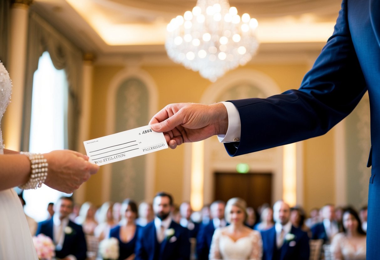 A father handing over a cheque to a wedding planner in a grand ballroom