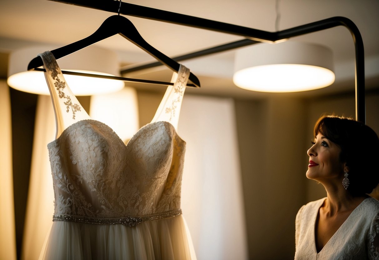 A dress hanging on a hanger, illuminated by soft light, with a figure in the background gazing at it in awe