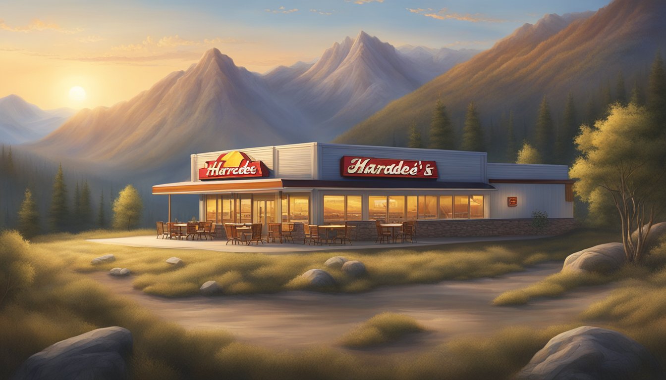 A lone Hardee's restaurant sits in a vast, rugged landscape, surrounded by mountains and untouched nature. The morning sun casts a warm glow over the remote location