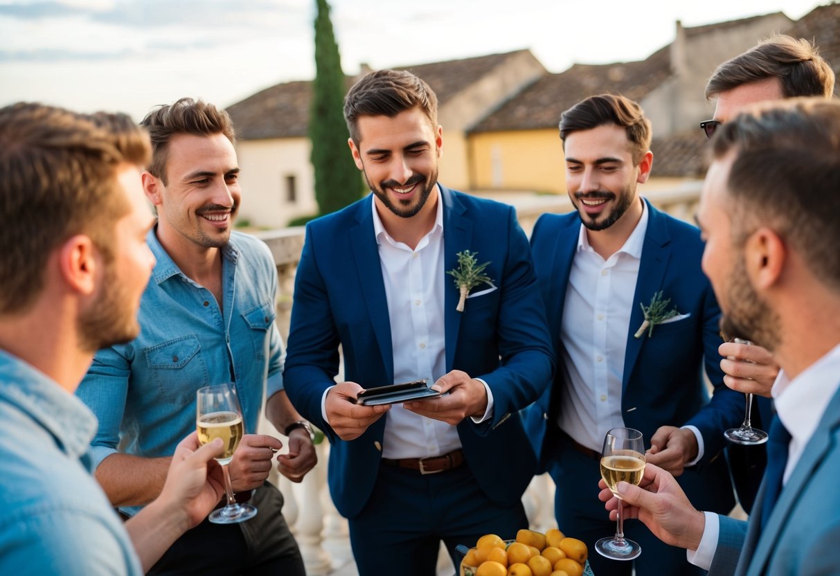 A group of men celebrating a stag do abroad, with one man reaching for his wallet to pay for the festivities