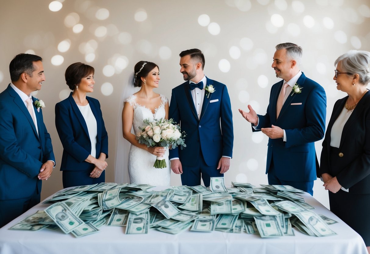 A bride and groom stand in front of a table covered in wedding expenses, with family members on either side discussing who will cover the costs