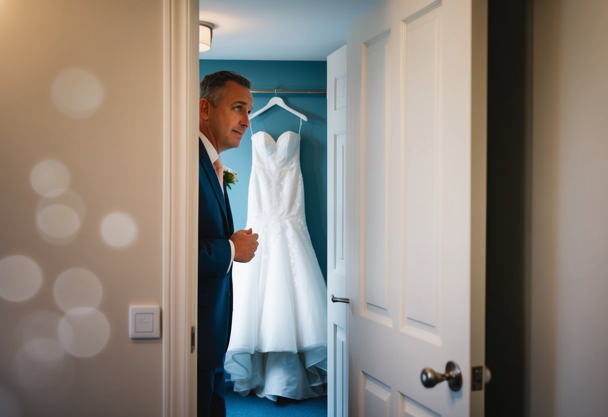 A father peeks through a partially open door, catching a glimpse of a beautiful wedding dress hanging in the room