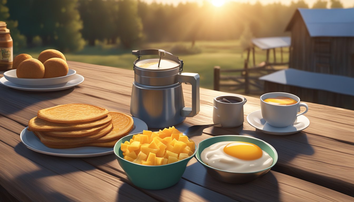 The sun rising over a rustic farm, with a Hardee's breakfast spread on a wooden table. A filmmaker's camera and equipment are set up nearby