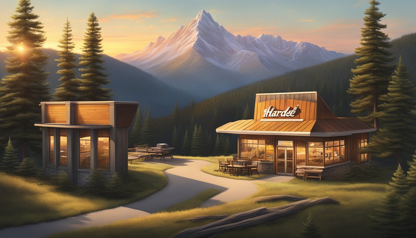 A lone Hardee's restaurant sits atop a rugged mountain peak, surrounded by vast wilderness and towering pine trees. The morning sun casts a warm glow on the remote location