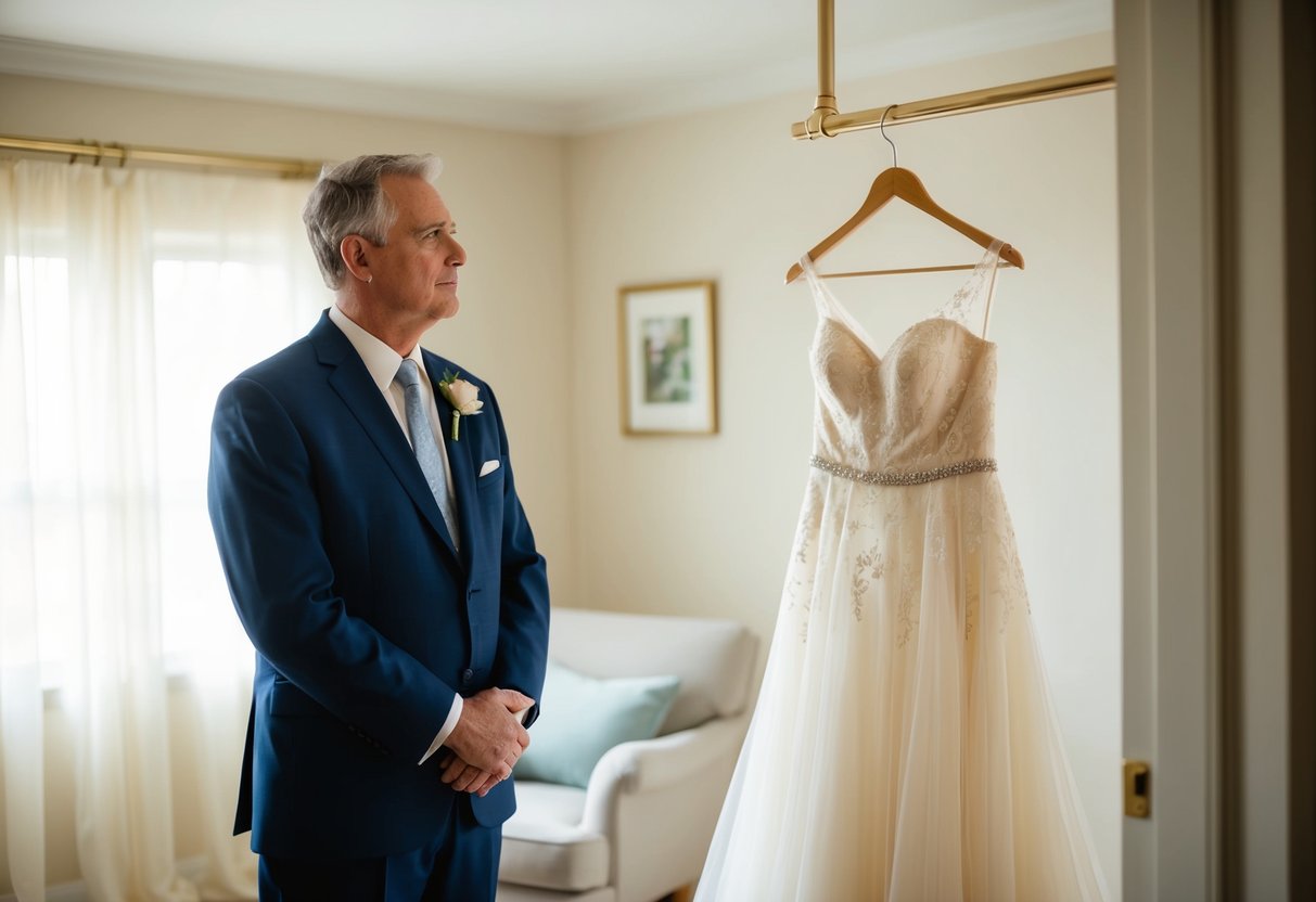 The father of the bride stands in a softly lit room, gazing at a delicate, flowing wedding dress hanging from a golden hanger
