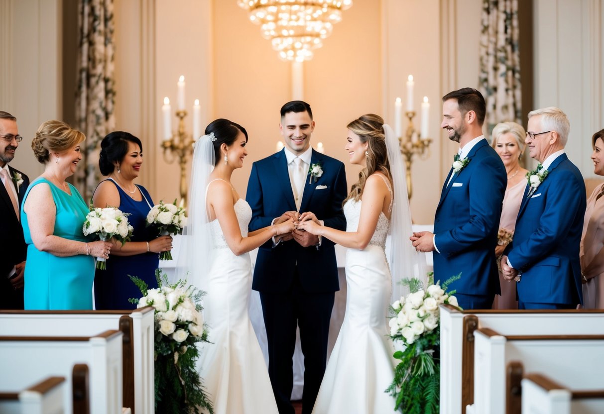 A bride and groom standing at the altar with their families on either side, exchanging rings and vows. The bride's family is seen contributing to the wedding expenses