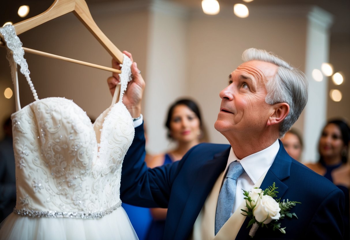 The father of the bride gazes in awe at the wedding dress displayed on a hanger, his eyes filled with emotion