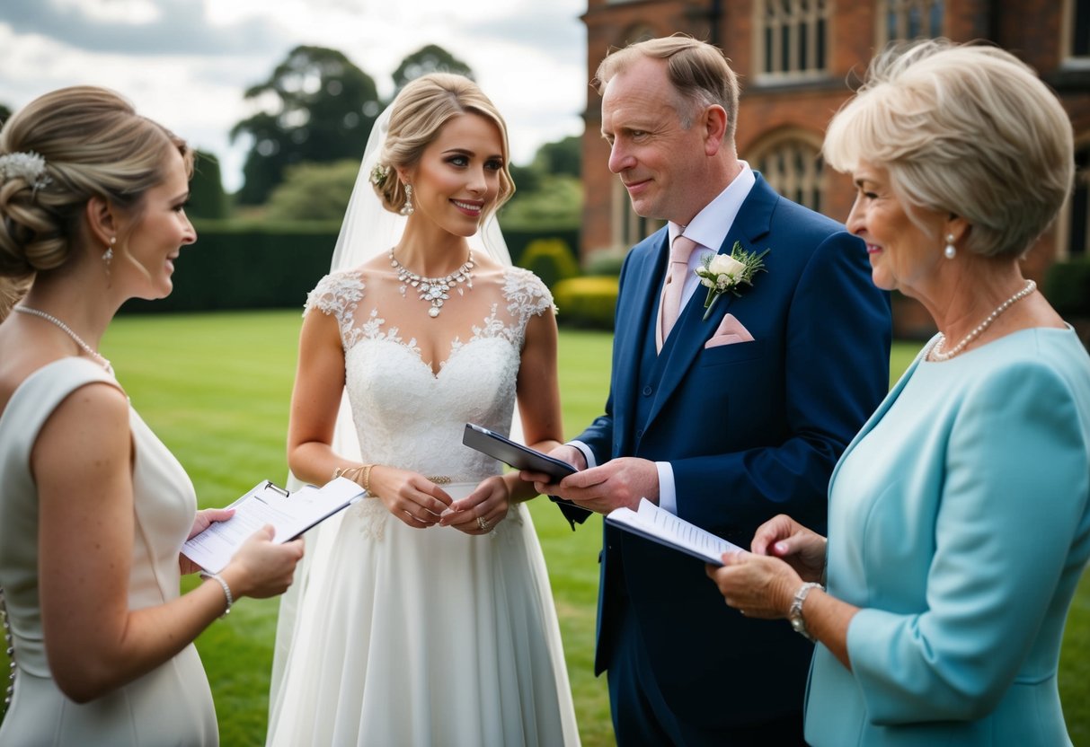 A traditional British wedding with a bride and groom's families discussing financial responsibilities and planning details